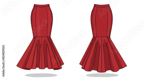 Two detailed vector illustrations showcasing elegant red mermaid skirts with pleated flared hems for sophisticated fashion.