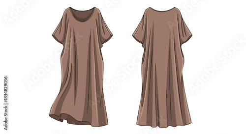 A neutral brown, flowing garment design, front and back views, emphasizing a comfortable and relaxed fashion silhouette in minimalist illustration