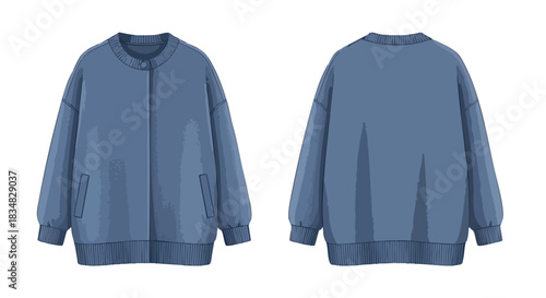 Clean illustration of a loose-fit periwinkle blue casual jacket, presented in both front and rear perspectives, emphasizing relaxed modern apparel