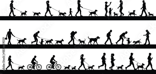 Outdoor activity silhouettes, people with dogs, family walking scenes, biking and jogging figures, park lifestyle icons, casual human interaction illustration