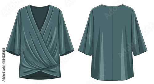 Elegant teal wrap blouse with graceful draping and relaxed silhouette fashion illustration