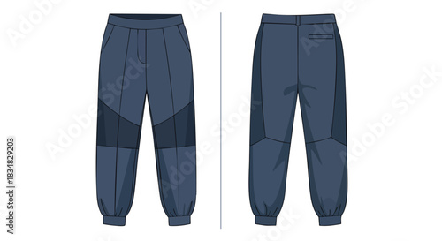 Detailed front and back technical flat illustration of a contemporary athletic jogger pant design in deep indigo blue with subtle tonal paneling