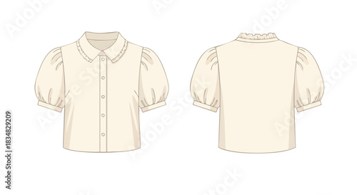 Cream puff sleeve blouse technical flat design showcasing a refined rounded collar button front and elegant ruffled back neckline for modern apparel