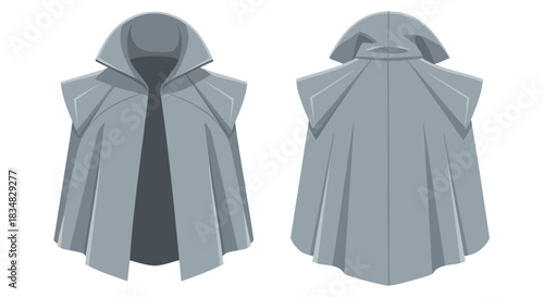 Sleek grey sleeveless cape artwork, showcasing a high, structured collar. Digital vector art displays both the open front and solid back views of