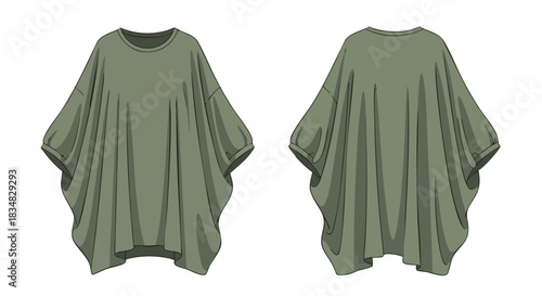 Versatile sage green oversized tunic top fashion flat sketch with relaxed silhouette details