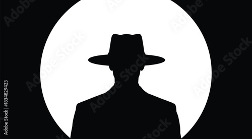 Silhouette figure, wide-brimmed hat, mystery person, black white contrast, anonymity concept, detective style, minimalist design, secret identity, profile