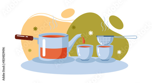 A vibrant illustration depicts the process of tea brewing, showcasing a teapot pouring into cups, with a strainer, all on a soft, abstract background.