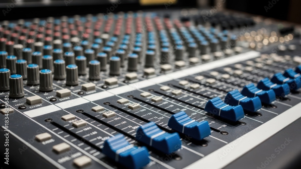 Fototapeta premium Close-up of a professional sound mixing console with knobs and faders