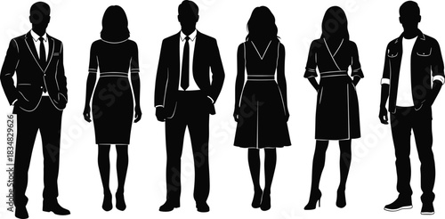 Silhouette people standing, fashion styles, formal and casual outfits, black vector icons, character design, profile template, white background