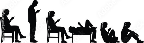 Black silhouette vector set of six people reading and texting on mobile phones, diverse male and female figures using cell technology, isolated graphic on white background