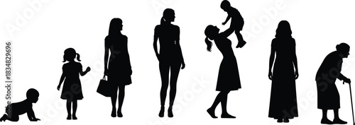 Black silhouette vector set showing the female life cycle stages, from baby crawling, girl, woman, mother, to elderly senior figure with a cane, isolated on white background