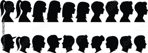 Silhouette profile collection, diverse people, black and white heads, hairstyle variety, male and female faces, minimal design, graphic illustration, head shapes, cultural diversity, identity concept