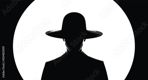 Silhouette with hat, mysterious figure, identity concealment, black outline, spotlight effect, dramatic contrast, anonymity, minimal design, profile art