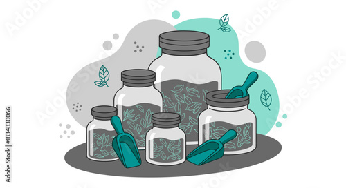 An illustrated depiction of glass jars with lids and teal scoops, filled with a substance, set against a backdrop of abstract shapes.