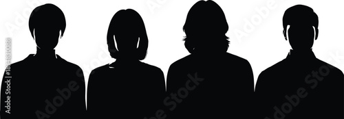 Silhouette, people, group, diversity, standing, posture, anonymous, identity, contrast, black, white, minimal, artistic, concept, unity, hairstyle, form, outline, abstract, individuals