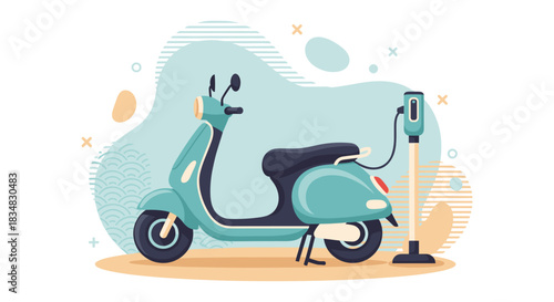 A vibrant illustration showcases a teal electric scooter connected to a charging station, set against an abstract backdrop, promoting sustainable urban transportation.