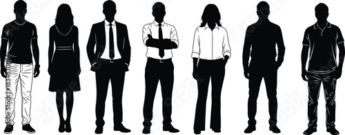 Silhouettes of men and women in business and casual clothing, standing human figures, black vector people illustration for office, lifestyle, and design projects