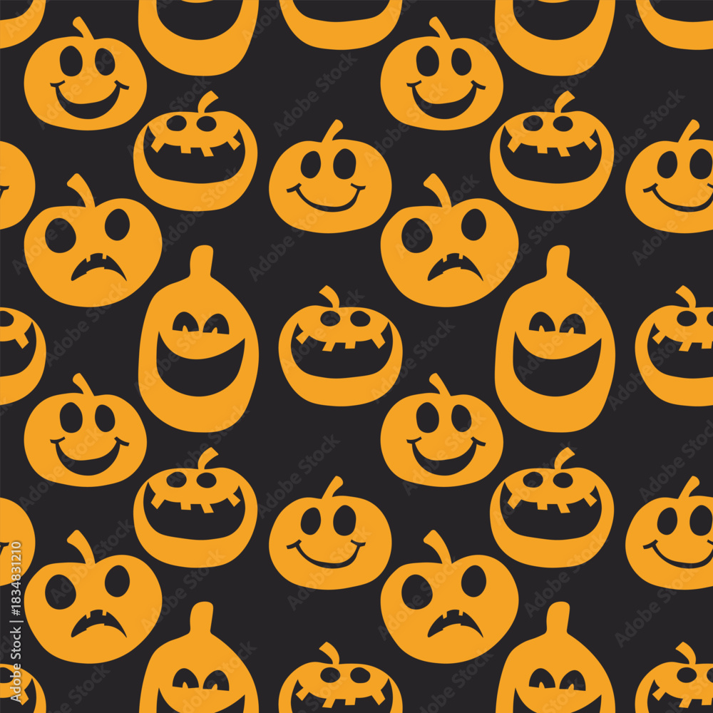 Fototapeta premium Seamless pattern of glowing halloween pumpkins on COLOR background. Scary and funny faces. Cute Pumpkin or ghost. Vector autumn holidays illustration.