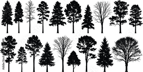 Tree silhouette set, diverse tree shapes, seasonal foliage icons, botanical vector illustration, landscape design elements, nature reference chart, black tree forms
