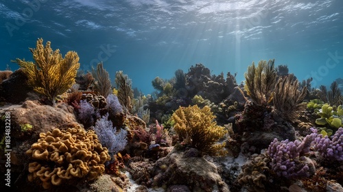 Fototapeta Naklejka Na Ścianę i Meble -  Vibrant coral reef ecosystem bathed in sunlight underwater