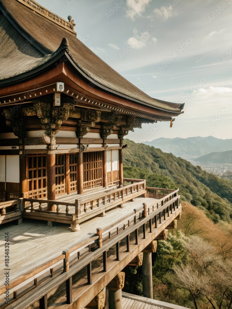 Fototapeta premium Perched on a mountain peak, Kiyomizudera Temples wooden stage juts out into the serene valley below