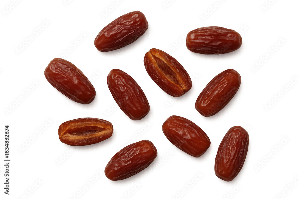 Obraz premium Dates fruit presenting nutritious dried sweet food scattered, creating healthy snack options on transparent background