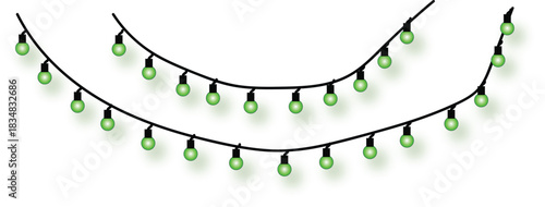 Green fairy lights hanging in rows, forming an arc shape, perfect for holiday decoration or festive design