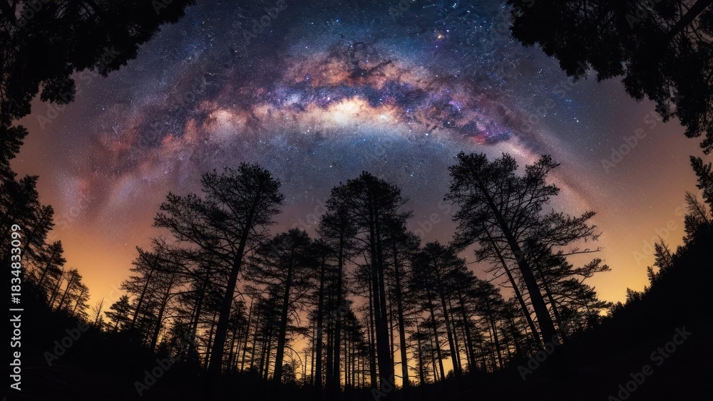 Fototapeta premium Fisheye view of a night sky full of stars above silhouettes of tall trees