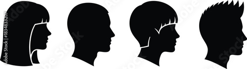 Human head silhouette collection, hairstyle profiles, black vector, long hair, short hair, spiked style, shaved head, white background