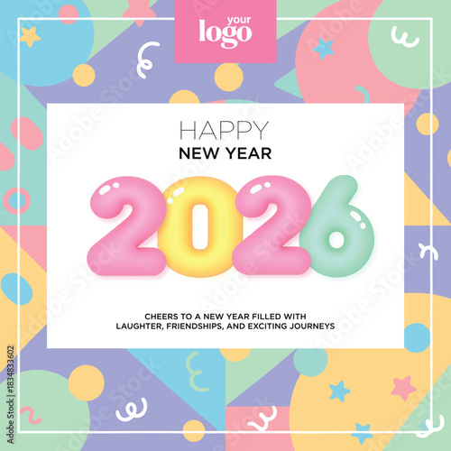 Celebrate the arrival of 2026 with vibrant inflatable numbers and festive abstract background art