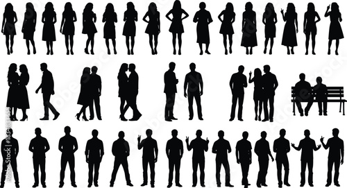 Human silhouette collection, male female poses, couple interaction, body language, standing gesture, black vector, people icon, design reference, posture set