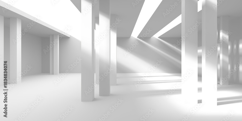 Fototapeta premium Minimalist architectural interior with abstract geometric columns and dramatic lighting. 3d render
