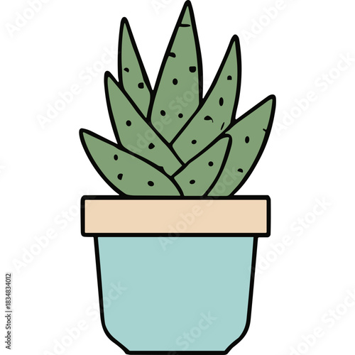 Green succulent plant with pointed leaves in a light blue pot with a peach rim on a black background simple line art illustration cartoon style