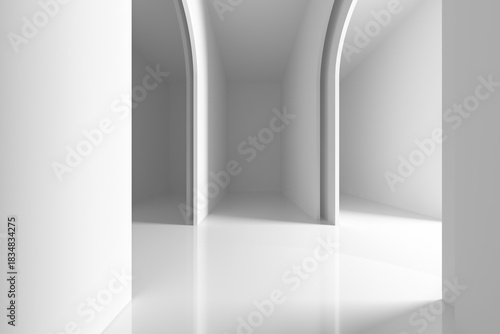Minimalist modern white architectural space with arched entryways. 3d render