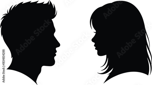 Male and female silhouette profiles, black vector art, facing each other, contrast design, relationship concept, white background, minimal illustration