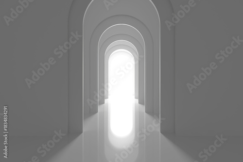 Futuristic minimalist archway corridor with bright light. 3d render