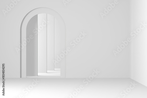 Minimalist abstract white archway interior design with geometric perspective. 3d render