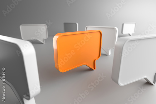 Unique orange speech bubble amongst grey speech bubbles for communication concept. 3d render