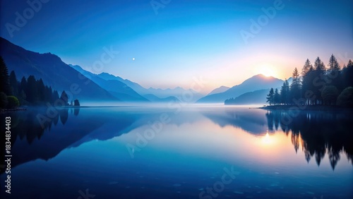 A serene lake at dawn, with a mirrorlike reflection of blue water and a soft, natural background