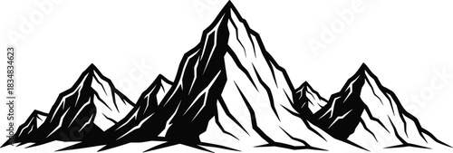 Mountain range illustration, black and white artwork, dramatic peaks, graphic nature scene, outdoor adventure design, bold jagged landscape, stylized alpine silhouette