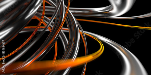 Dynamic abstract ribbon art with metallic and orange colors for modern design. 3d render