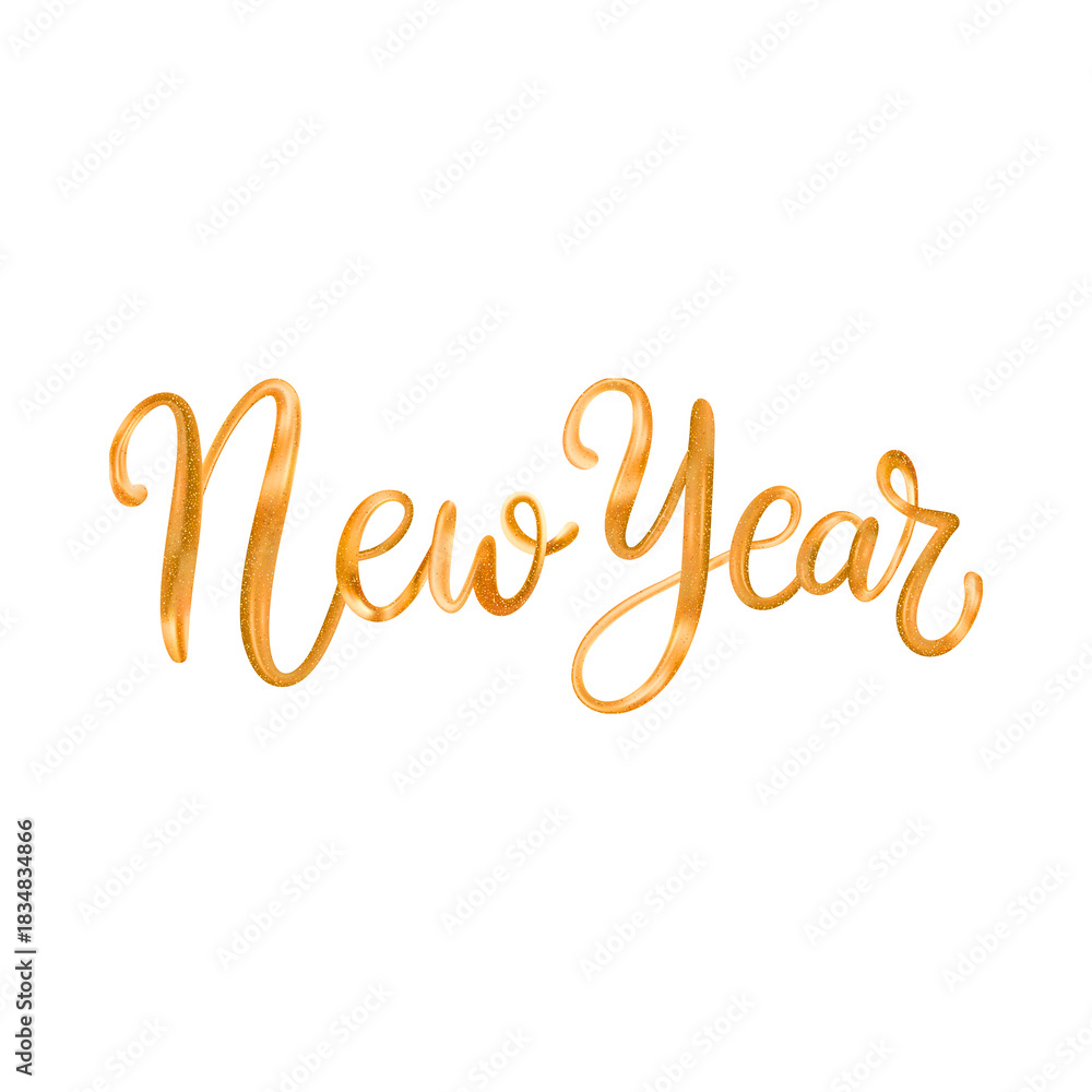 Fototapeta premium Golden Glitter Cursive New Year Lettering with Realistic Sparkle Dust on a Light Gray Background.