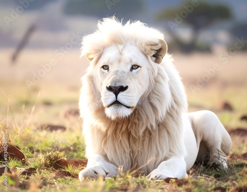 A majestic lion with creamy white fur rests in a grassy field bathed in soft sunlight, showcasing its regal posture