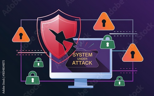 Cybersecurity Shield Breach Warning Showing System Under Attack Background