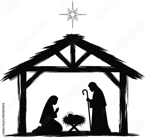 Nativity scene silhouette, holy family, Christmas manger, star of Bethlehem, religious vector, Christian tradition, black illustration, holiday icon, sacred birth