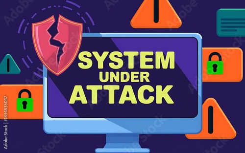 Illustrated Cybersecurity Alert Displaying System Under Attack Message Background
