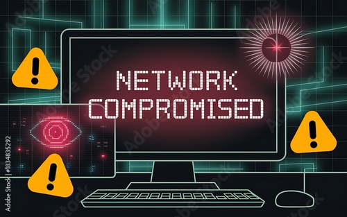 Network Compromised Warning on Digital Monitor with Alert Symbols Background