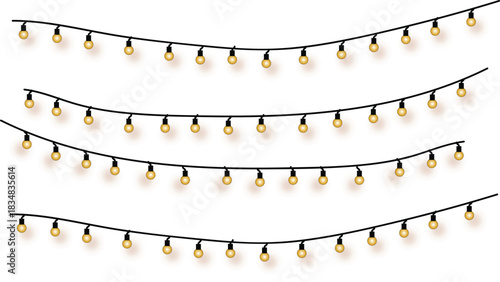 Glowing string light garlands with small warm pepper-like lamps, a vector illustration collection for festive decoration