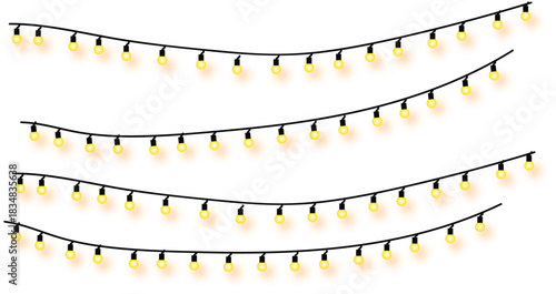 A beautiful collection of hanging string lights with glowing yellow bulbs. Festive garland set in a pepper lamp style for parties