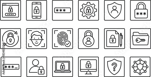 Cyber Security and Data Protection Icon Set: Lock, Password, Face ID, Fingerprint, VPN Shield, and Authentication Line Art Vector